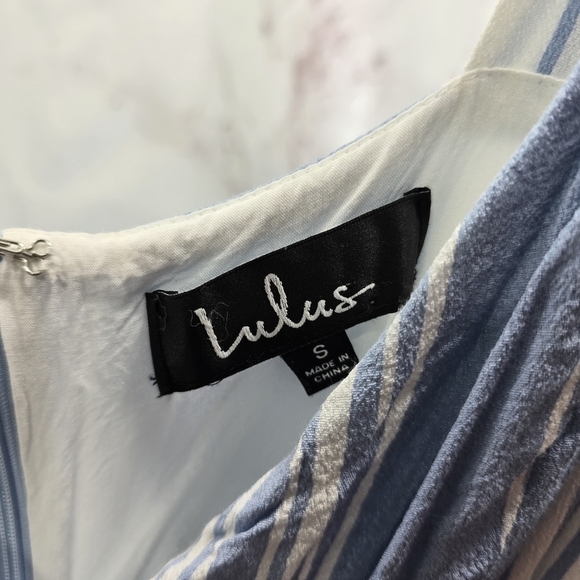 Lulus Jumpsuit Womens Small White Blue Striped Tank Wide Leg Crop Tie Faux Wrap - Picture 3 of 12